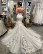 BMbride Chic Floor Length V-Neck Spaghetti Straps Sleeveless Mermaid Wedding Dress with Chapel Train BMbride
