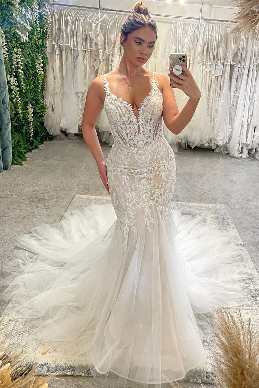 BMbride Chic Floor Length V-Neck Spaghetti Straps Sleeveless Mermaid Wedding Dress with Chapel Train BMbride