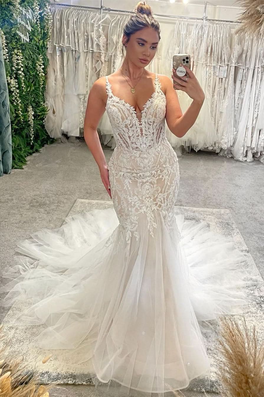 BMbride Chic Floor Length V-Neck Spaghetti Straps Sleeveless Mermaid Wedding Dress with Chapel Train BMbride