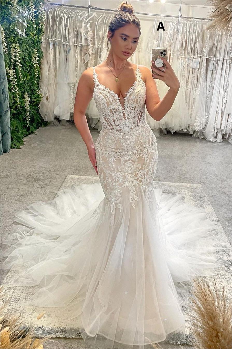 BMbride Chic Floor Length V-Neck Spaghetti Straps Sleeveless Mermaid Wedding Dress with Chapel Train BMbride
