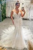 BMbride Chic Floor Length V-Neck Spaghetti Straps Sleeveless Mermaid Wedding Dress with Chapel Train BMbride