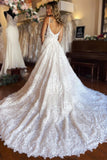 BMbride Chic Long A-line Spaghetti Straps Lace Wedding Dress With Slit BMbride