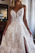 BMbride Chic Long A-line Spaghetti Straps Lace Wedding Dress With Slit BMbride