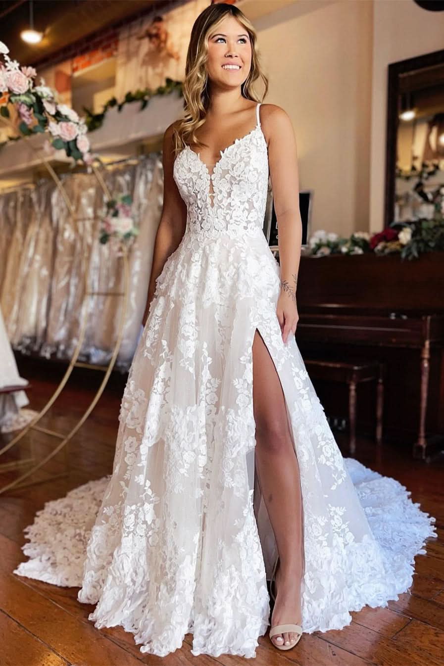 BMbride Chic Long A-line Spaghetti Straps Lace Wedding Dress With Slit BMbride