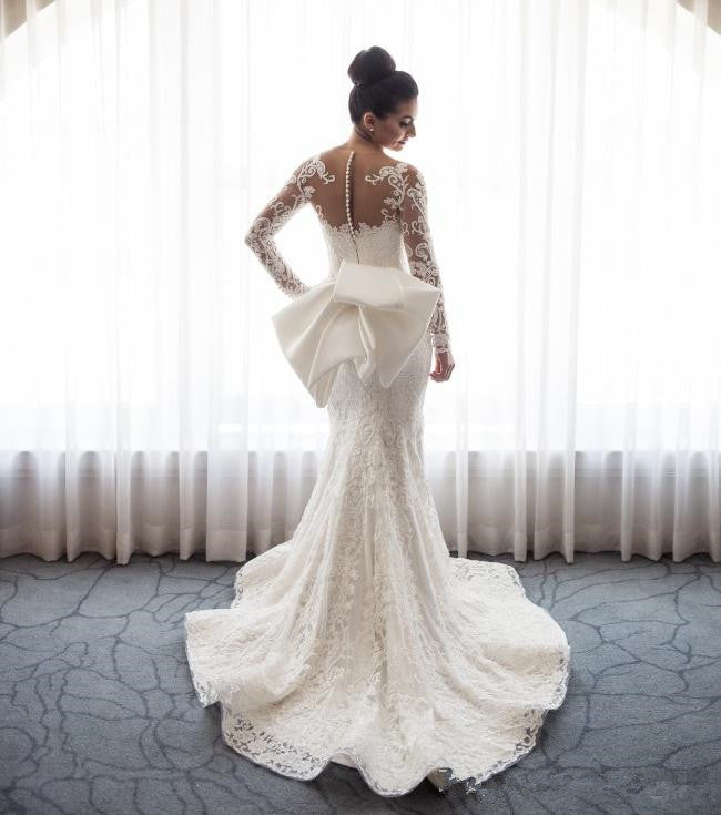 BMbride Chic Mermaid Lace Long Sleeves Wedding Dress With Detachable Train BMbride