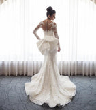 BMbride Chic Mermaid Lace Long Sleeves Wedding Dress With Detachable Train BMbride