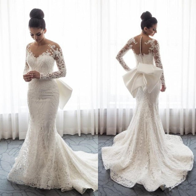 BMbride Chic Mermaid Lace Long Sleeves Wedding Dress With Detachable Train BMbride
