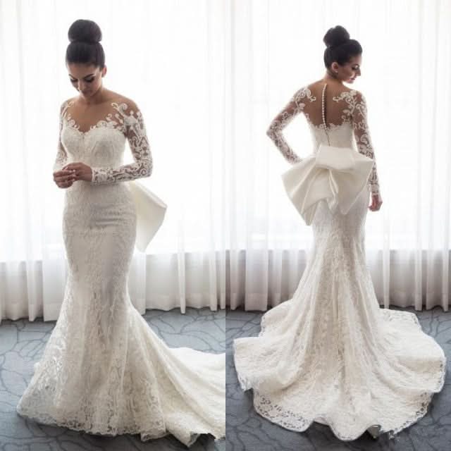 BMbride Chic Mermaid Lace Long Sleeves Wedding Dress With Detachable Train BMbride