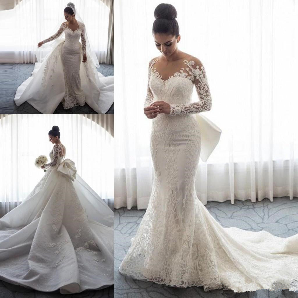 BMbride Chic Mermaid Lace Long Sleeves Wedding Dress With Detachable Train BMbride