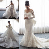 BMbride Chic Mermaid Lace Long Sleeves Wedding Dress With Detachable Train BMbride