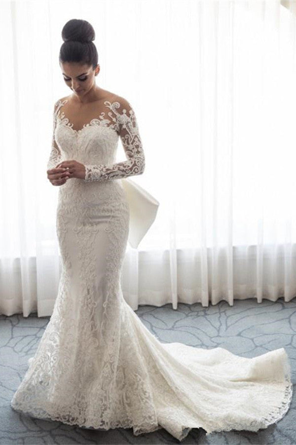 BMbride Chic Mermaid Lace Long Sleeves Wedding Dress With Detachable Train BMbride