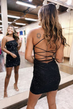 Stylish One Shoulder Lace Up Tight Beaded Bodycon Homecoming Dress BM bride