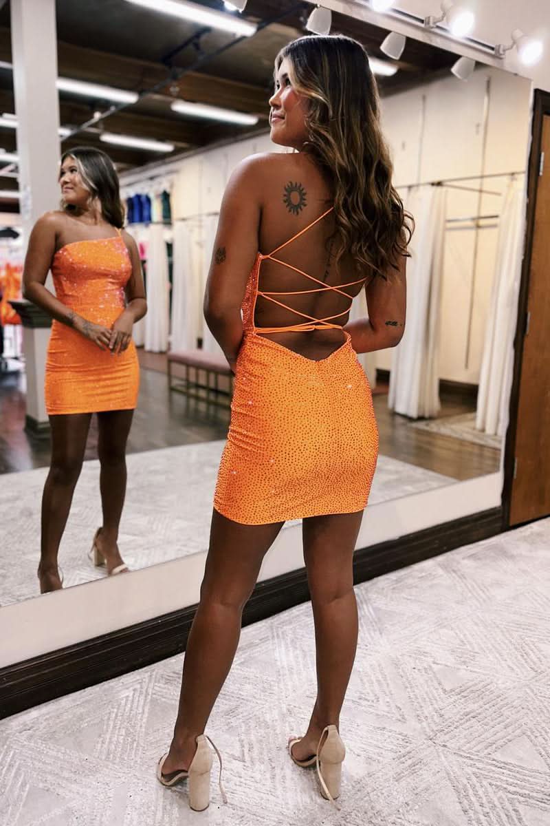 Stylish One Shoulder Lace Up Tight Beaded Bodycon Homecoming Dress BM bride
