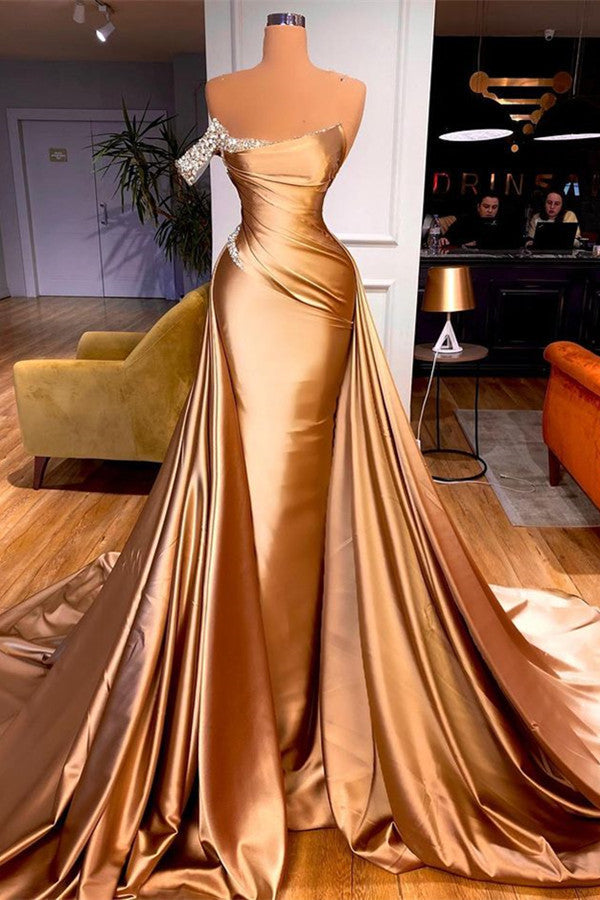 BMbride Chic One Shoulder Crystal Mermaid Prom Dress With Detachable Train BMbride