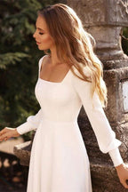 BMbride Chic White Satin Long Sleeves A-Line Wedding Dresses Long BMbride