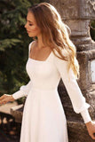 BMbride Chic White Satin Long Sleeves A-Line Wedding Dresses Long BMbride