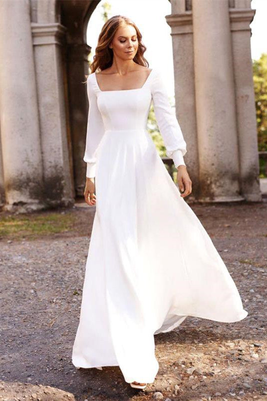 BMbride Chic White Satin Long Sleeves A-Line Wedding Dresses Long BMbride