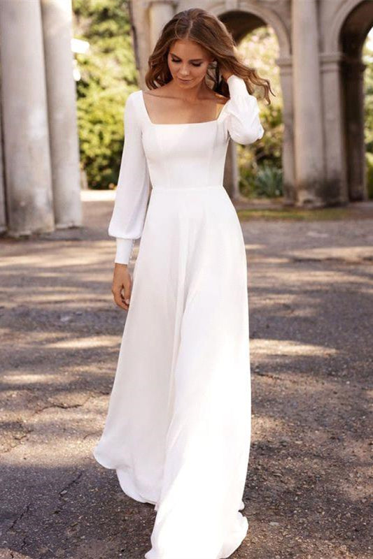 BMbride Chic White Satin Long Sleeves A-Line Wedding Dresses Long BMbride