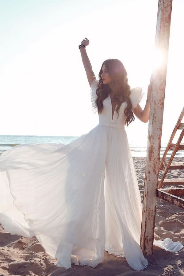 Chiffon Ruffless Sleeves V-Neck Summer Beach Wedding Dress BM bride