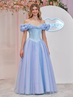 Enchanting Cinderella Blue Tulle Off-the-Shoulder Ball Gown with Crystals & Butterflies BM bride
