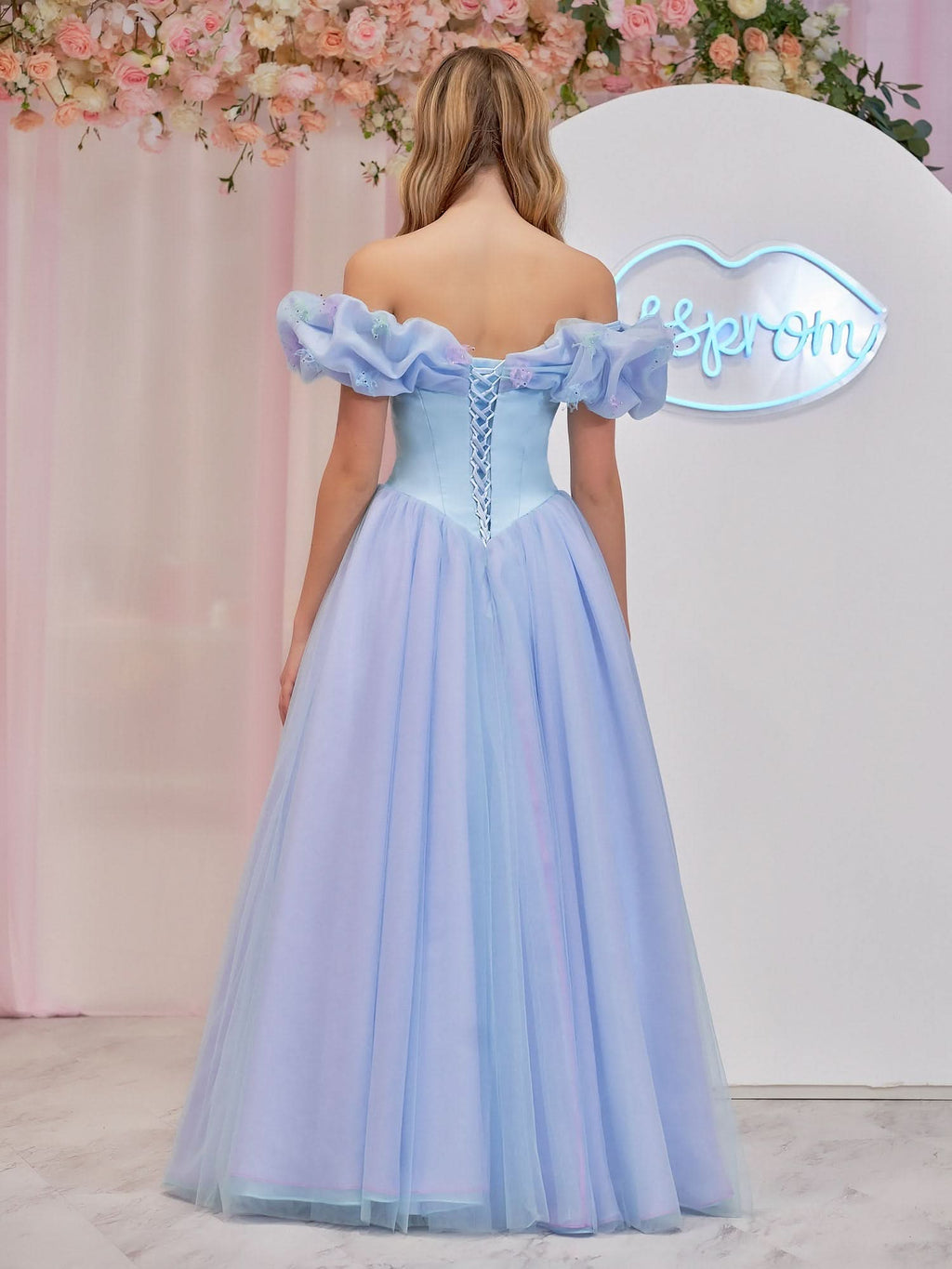 Enchanting Cinderella Blue Tulle Off-the-Shoulder Ball Gown with Crystals & Butterflies BM bride
