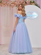 Enchanting Cinderella Blue Tulle Off-the-Shoulder Ball Gown with Crystals & Butterflies BM bride