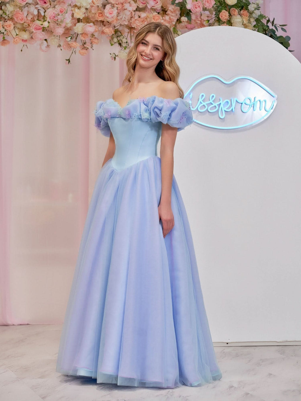 Enchanting Cinderella Blue Tulle Off-the-Shoulder Ball Gown with Crystals & Butterflies BM bride