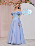 Enchanting Cinderella Blue Tulle Off-the-Shoulder Ball Gown with Crystals & Butterflies BM bride