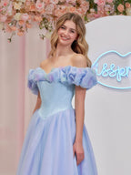 Enchanting Cinderella Blue Tulle Off-the-Shoulder Ball Gown with Crystals & Butterflies BM bride