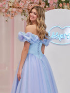 Enchanting Cinderella Blue Tulle Off-the-Shoulder Ball Gown with Crystals & Butterflies BM bride