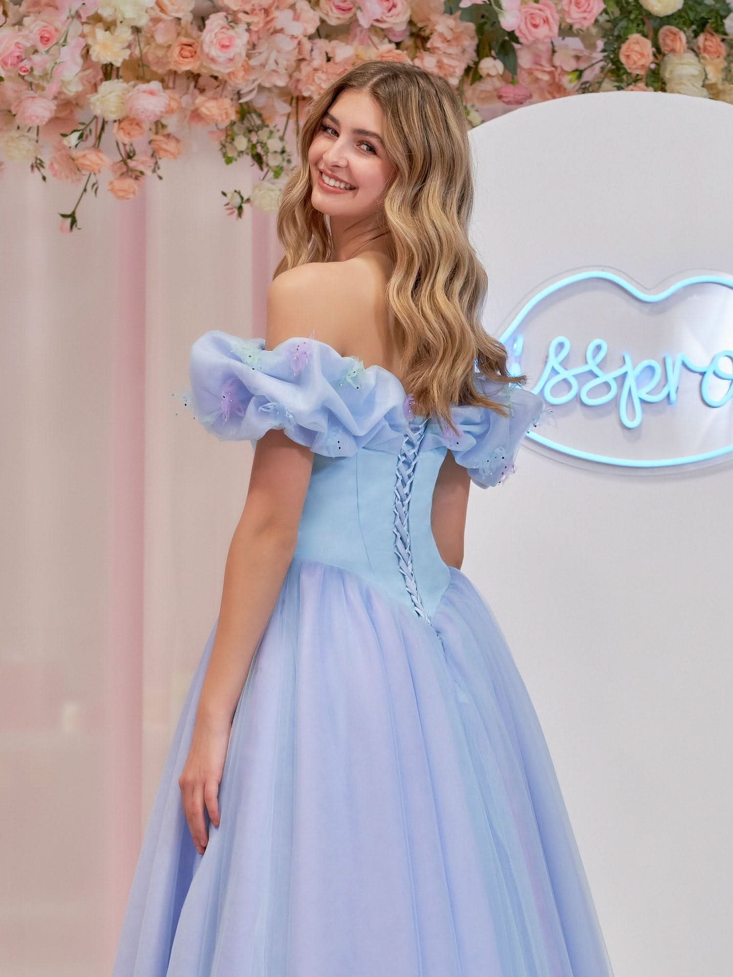 Enchanting Cinderella Blue Tulle Off-the-Shoulder Ball Gown with Crystals & Butterflies BM bride