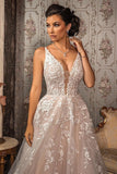 BMbride Classy V-neck Appliques Lace Spaghetti Straps Sleeveless A-Line Wedding Dresses BMbride
