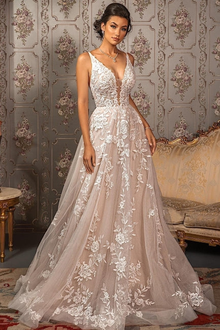 BMbride Classy V-neck Appliques Lace Spaghetti Straps Sleeveless A-Line Wedding Dresses BMbride