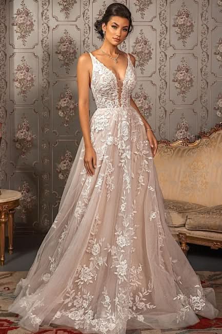 BMbride Classy V-neck Appliques Lace Spaghetti Straps Sleeveless A-Line Wedding Dresses BMbride