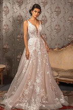 BMbride Classy V-neck Appliques Lace Spaghetti Straps Sleeveless A-Line Wedding Dresses BMbride