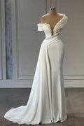 BMbride Classy V-neck Off-the-shoulder Beading Sleeveless Mermaid Wedding Dresses BMbride