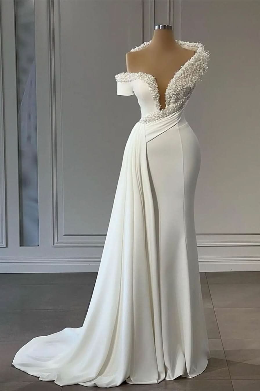 BMbride Classy V-neck Off-the-shoulder Beading Sleeveless Mermaid Wedding Dresses BMbride