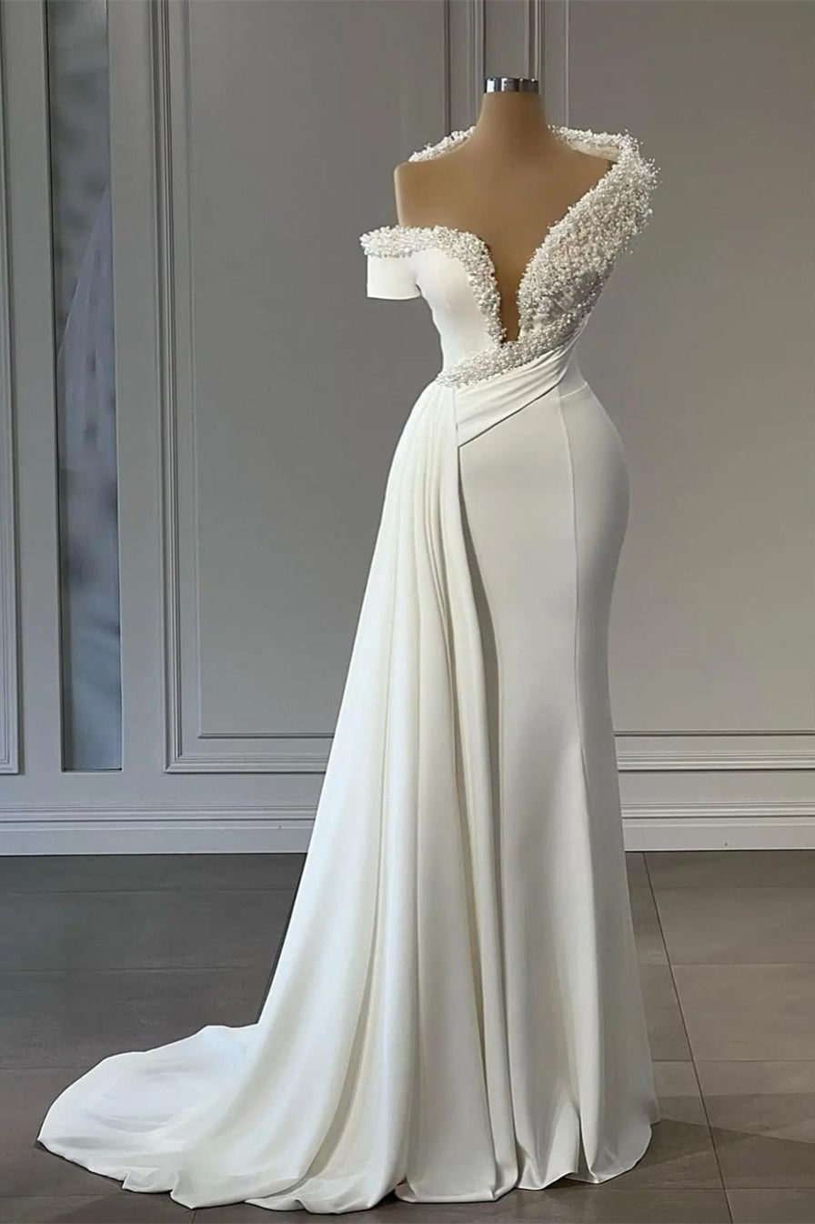 BMbride Classy V-neck Off-the-shoulder Beading Sleeveless Mermaid Wedding Dresses BMbride