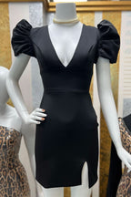 Plunge V Neck Bodycon Short Dress with Puff Sleeves in Cobalt Blue BM bride