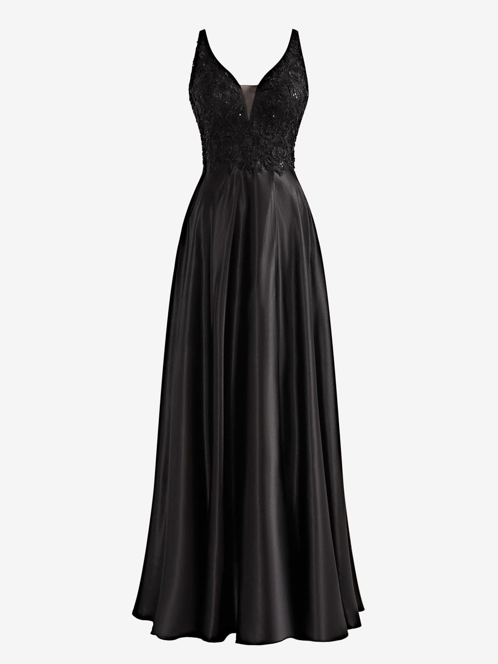 Elegant Black A-Line V-Neck Satin Prom Dress with Slit BM bride
