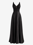 Elegant Black A-Line V-Neck Satin Prom Dress with Slit BM bride