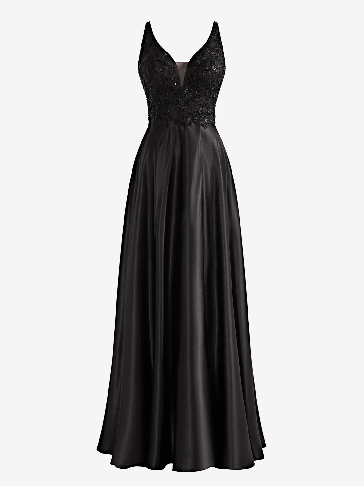 Elegant Black A-Line V-Neck Satin Prom Dress with Slit BM bride