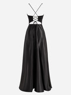 Elegant Black A-Line V-Neck Satin Prom Dress with Slit BM bride