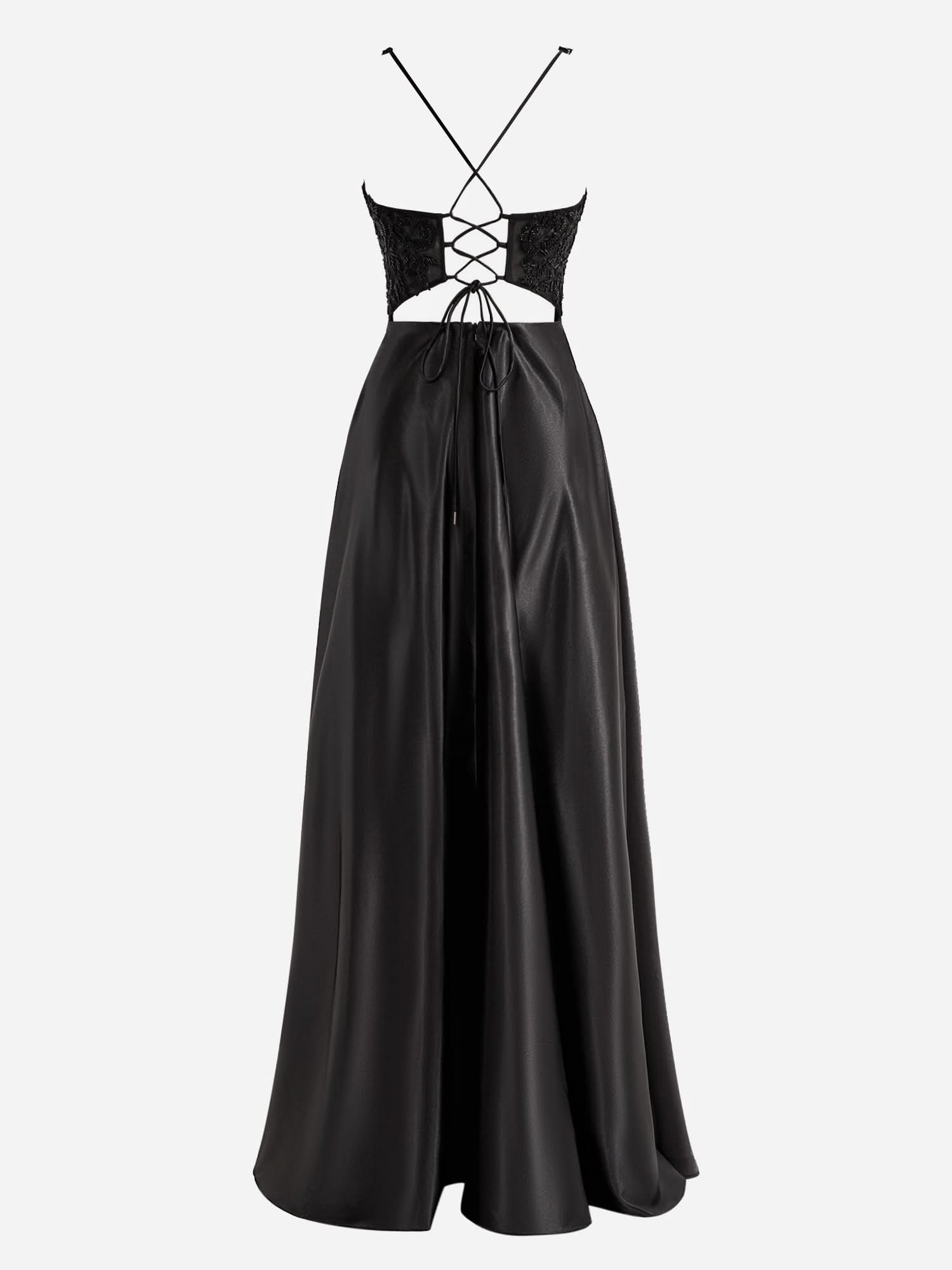 Elegant Black A-Line V-Neck Satin Prom Dress with Slit BM bride