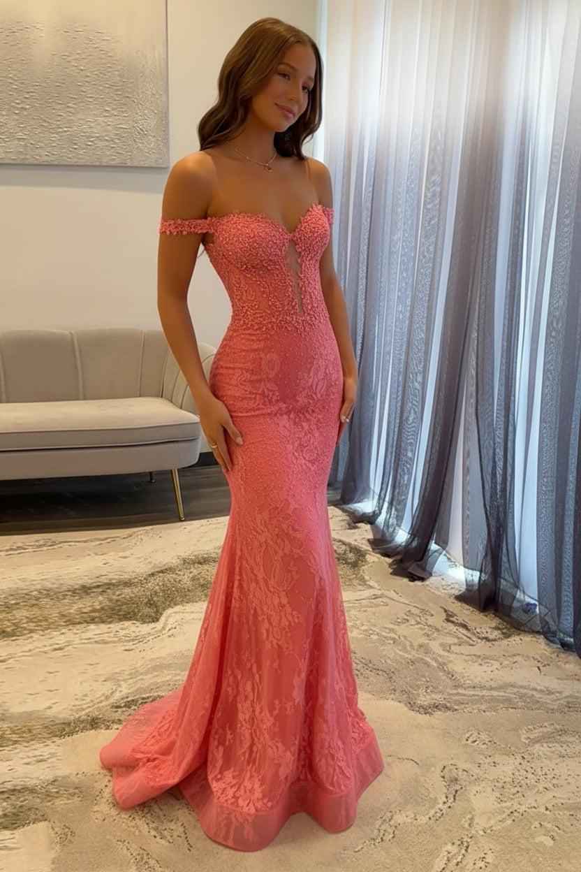 Navy Prom Dress Off The Shoulder Mermaid Long Lace Formal Dress