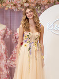 Charming A-Line Corset Midi Prom Dress with 3D Flowers BM bride