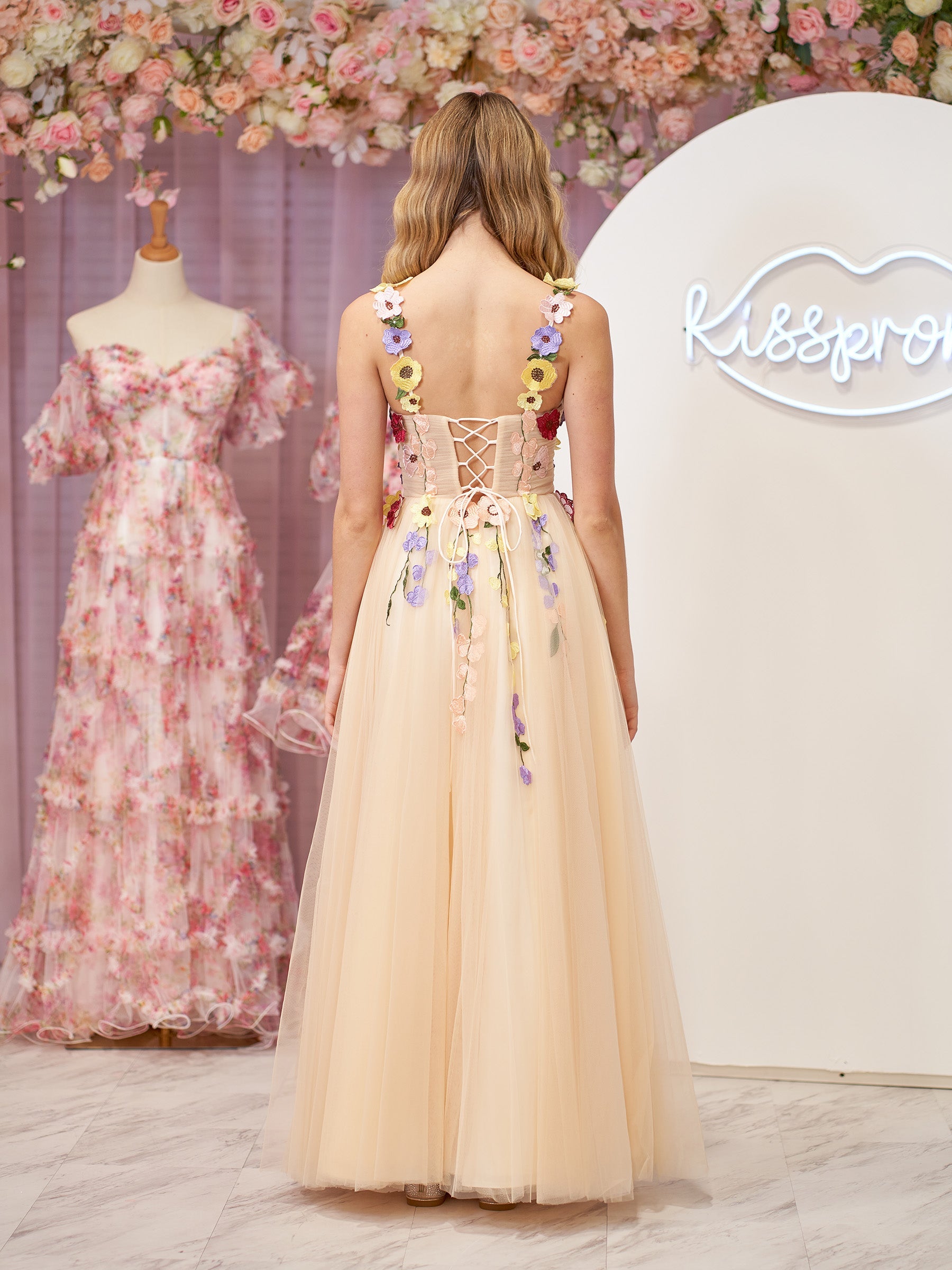 Charming A-Line Corset Midi Prom Dress with 3D Flowers BM bride