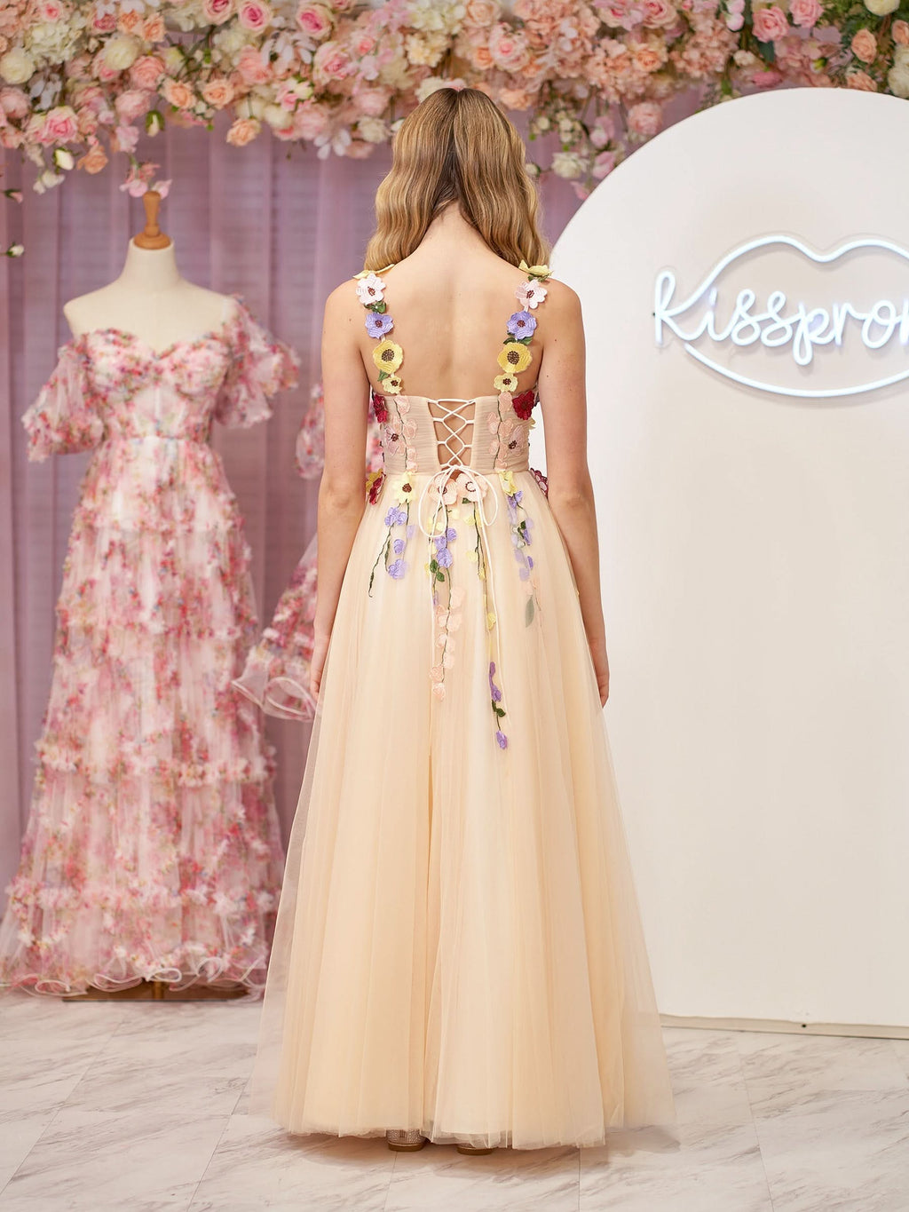 Charming A-Line Corset Midi Prom Dress with 3D Flowers BM bride