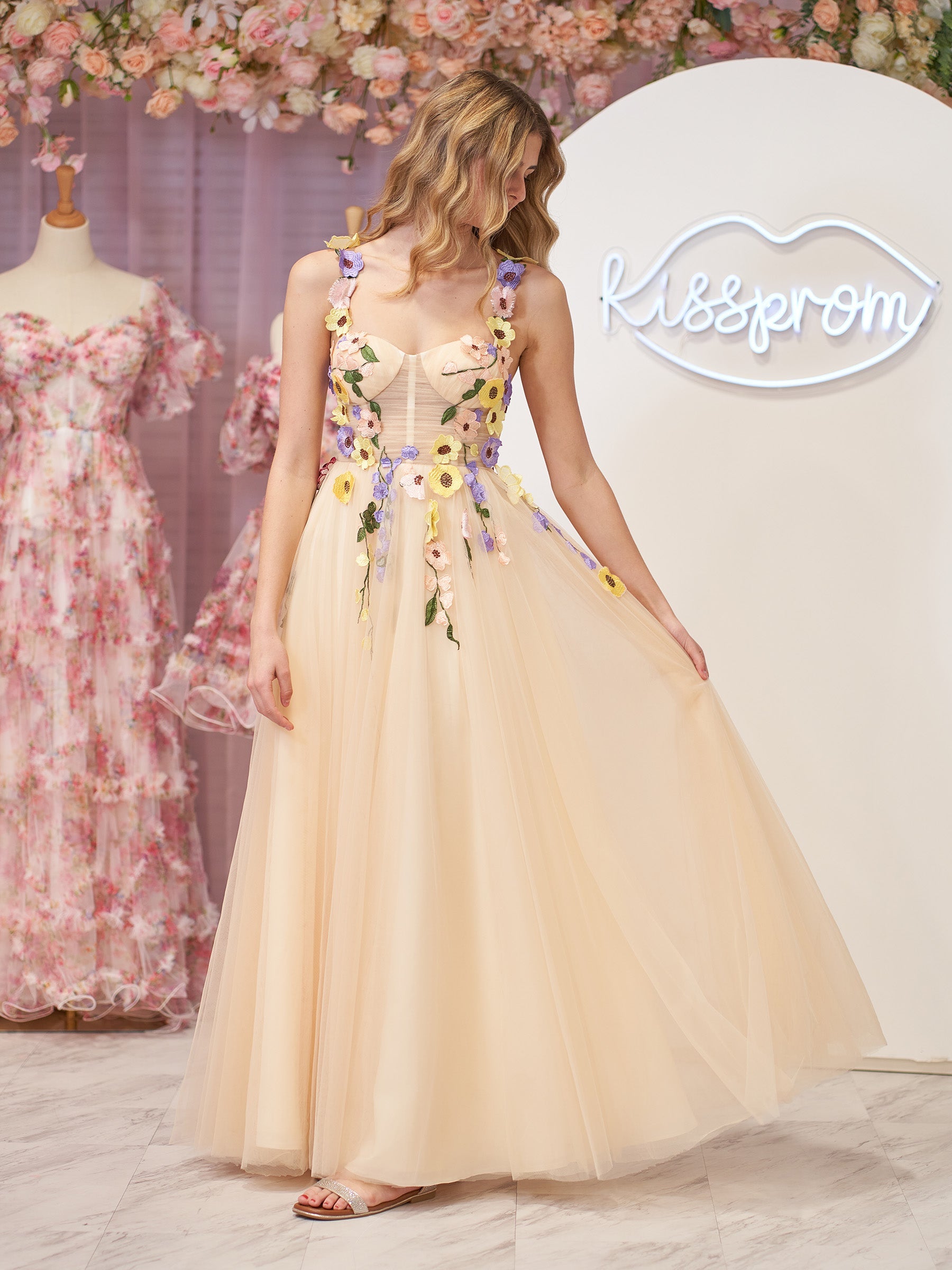 Charming A-Line Corset Midi Prom Dress with 3D Flowers BM bride