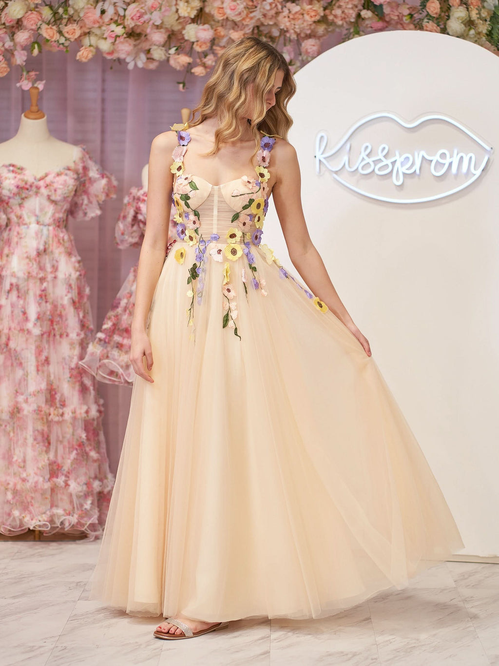 Charming A-Line Corset Midi Prom Dress with 3D Flowers BM bride
